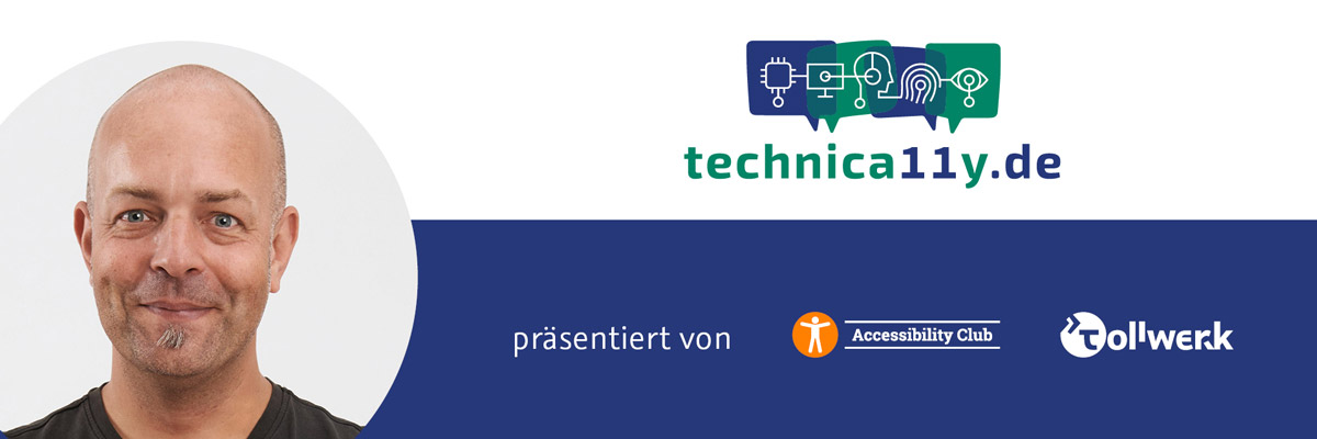 technica11y-Logo, daneben ein großes, kreisförmiges Portrait von Joschi Kuphal, präsentiert von tollwerk und dem Accessibility Club.